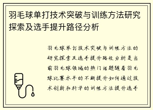 羽毛球单打技术突破与训练方法研究探索及选手提升路径分析