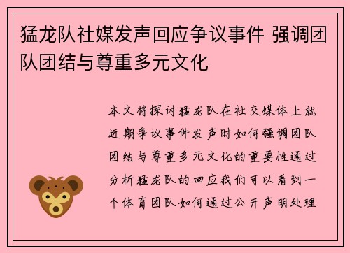 猛龙队社媒发声回应争议事件 强调团队团结与尊重多元文化