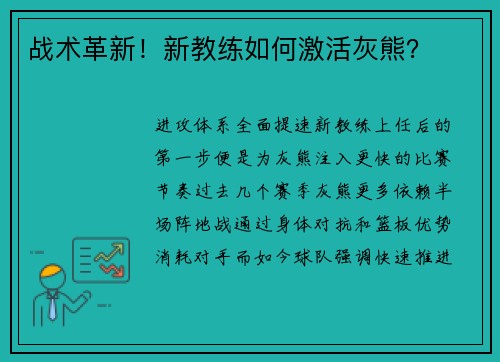 战术革新！新教练如何激活灰熊？